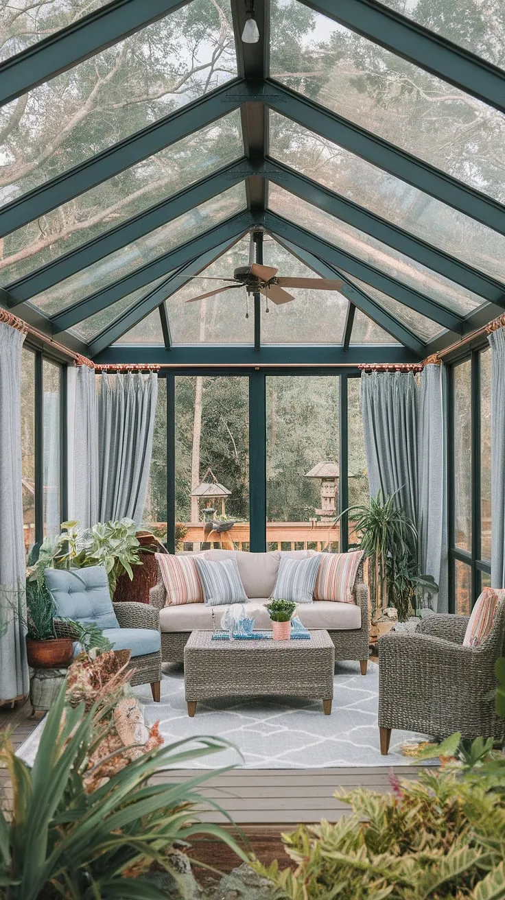 This stunning sunroom, a perfect fusion of covered patio and screened porch, boasts a glass roof porch that lets the sunshine flood in.  The enclosed patio room, with its clear roof patio and plexiglass roof, feels like an extension of the outdoors, yet offers the cozy comfort of a veranda or gazebo.  Enjoy the view from your covered deck, surrounded by nature's beauty.