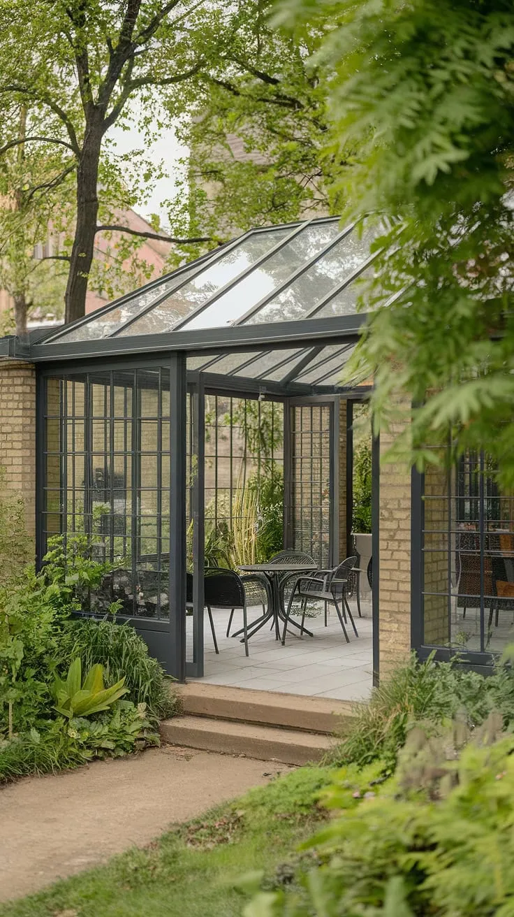 Imagine sipping your morning coffee on this covered patio, a screened porch transformed into a luxurious gazebo.  The clear roof patio allows abundant sunlight to flood this charming space, while the surrounding greenery creates a private oasis within your own backyard.  This sunroom, with its brick walls and inviting seating, is the ultimate covered deck retreat.