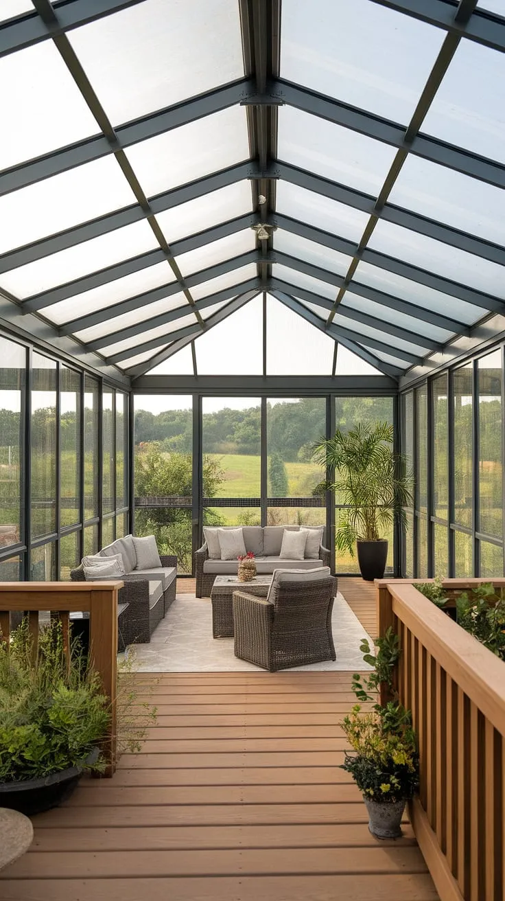 Imagine relaxing in this inviting enclosed patio room, a covered patio sanctuary with a glass roof porch.  The screened porch design and clear roof patio allow abundant natural light to flood the space, while the plexiglass roof keeps you comfortable year-round. Step outside onto the covered deck and breathe in the fresh air, surrounded by the beauty of nature. This sunroom, a modern take on a traditional veranda or gazebo, is the ultimate escape.