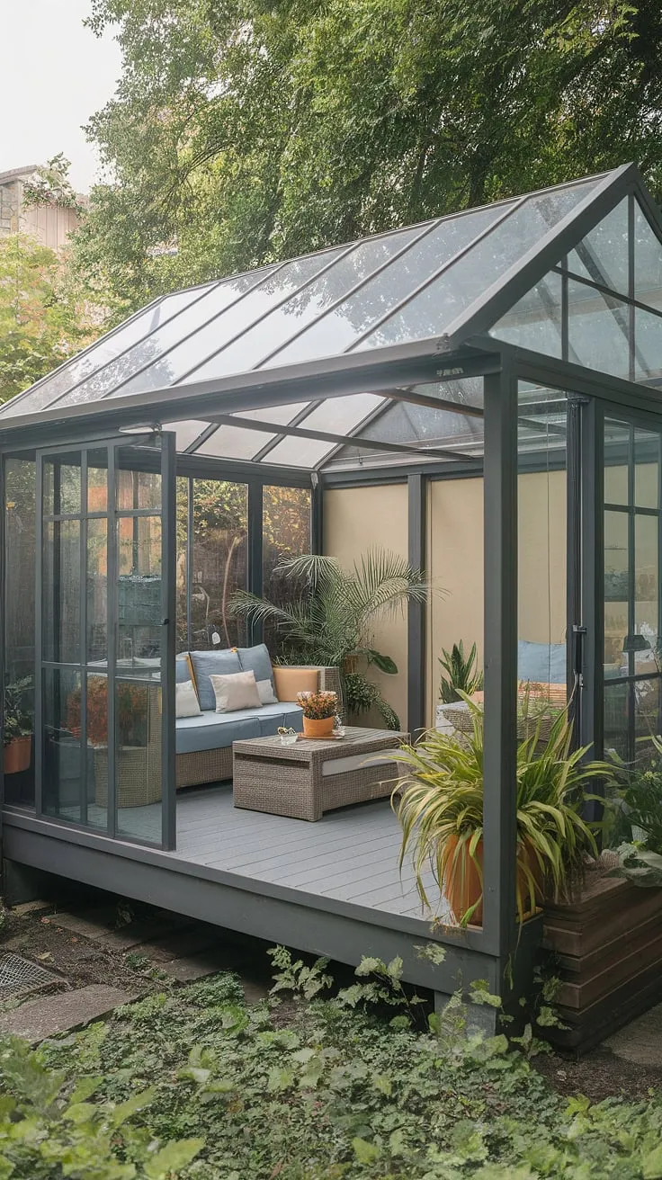 Escape to your own private oasis in this enclosed patio room, a sunroom sanctuary bathed in natural light streaming through the glass roof porch.  The covered deck, with its plexiglass roof, extends the living space, creating a seamless transition between indoors and the lush greenery surrounding this screened porch, a perfect veranda or gazebo for relaxation.