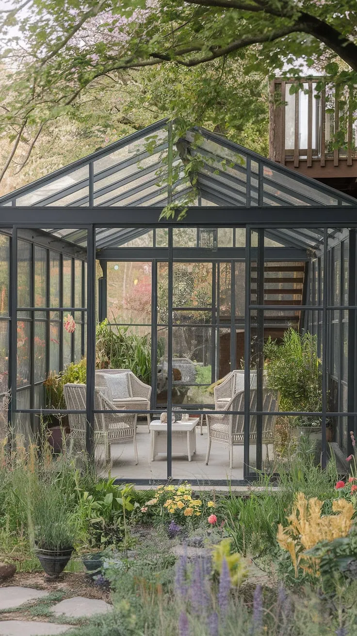 Escape to tranquility in this enclosed patio room, a sun-drenched sanctuary where the glass roof porch bathes the stone floor in natural light.  Lush gardens surround this covered deck, creating a seamless blend of indoor and outdoor living, reminiscent of a charming gazebo or veranda.  The plexiglass roof offers complete weather protection, transforming this screened porch into a year-round covered patio retreat.