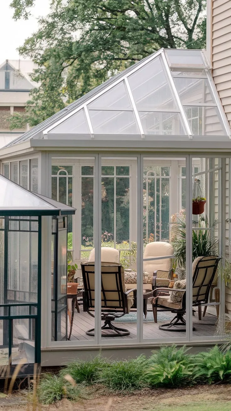 Imagine relaxing evenings on your covered deck, surrounded by lush greenery in this stunning sunroom.  The covered patio offers a tranquil retreat, while the glass roof porch lets the sunshine stream in. This veranda, complete with a clear roof patio and adjacent gazebo with plexiglass roof, is the epitome of outdoor living.