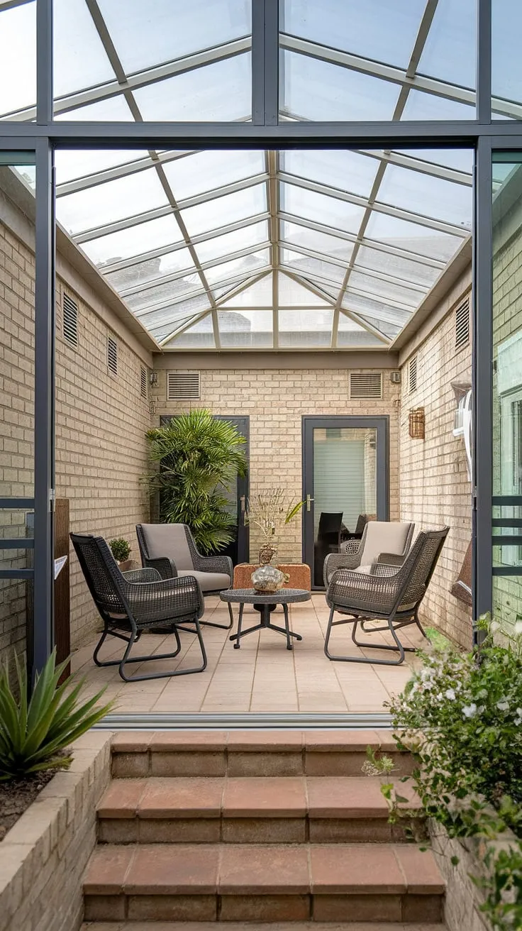 Step into your dream retreat: a beautifully appointed sunroom with a glass roof, transforming your covered patio into a year-round haven. This enclosed patio room, with its clear roof patio and plexiglass roof, offers unparalleled natural light and a tranquil atmosphere.  The brick walls and tiled floor add rustic charm, while the covered deck provides a perfect spot for relaxation.  Imagine enjoying the gentle breeze in this screened porch, a true outdoor gazebo experience.