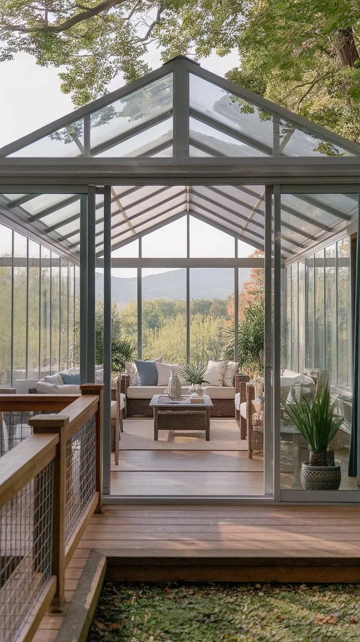 Imagine waking up to this view.  A covered patio, complete with a glass roof porch and an enclosed patio room, creates the ultimate outdoor living space.  The screened porch, with its clear roof patio, provides a seamless transition to the covered deck, surrounded by lush greenery and stunning scenery. This sunroom, a modern gazebo with a plexiglass roof, is the perfect place to relax and unwind.
