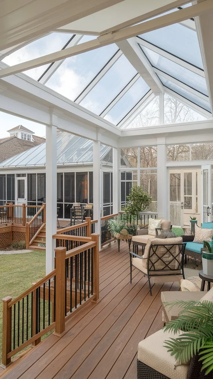 Escape to your own private oasis. This enclosed patio room, bathed in natural light from its glass roof, seamlessly flows onto a covered deck, leading down to a tranquil lawn.  The screened porch with its plexiglass roof offers another layer of outdoor enjoyment, while the covered patio, sunroom, veranda, and gazebo provide endless possibilities for relaxation and entertainment.  A clear roof patio dream come true.
