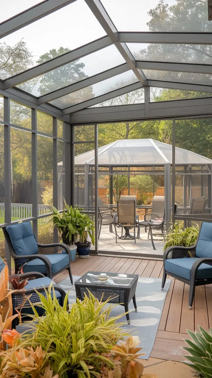 Imagine relaxing in this stunning outdoor space.  A covered patio seamlessly flows into a glass roof porch, creating a sun-drenched veranda.  The enclosed patio room, with its plexiglass roof, offers protection from the elements, while the screened porch and gazebo with clear roof patio provide additional seating areas for enjoying the tranquil surroundings.  The wooden deck adds a touch of rustic charm to this perfect retreat.