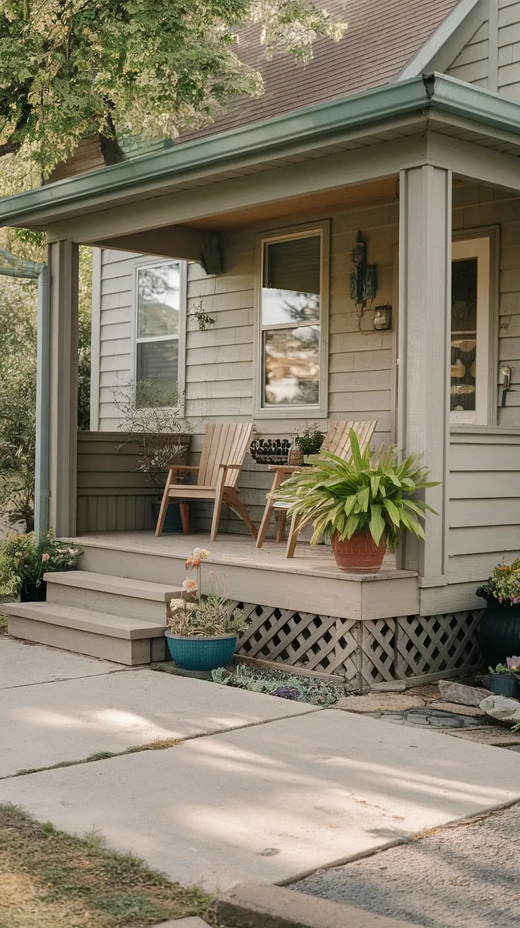 This quaint cottage style front porch, a delightful example of small front porch on ranch style house, offers inspiration for tiny front porch ideas and small front yard porch ideas.  The open front porch design, complete with simple seating and potted plants, provides a welcoming entrance.  Explore unique porch ideas and small front door patio ideas for your own home with this charming cottage porch decorating ideas and doorway decor outdoor.