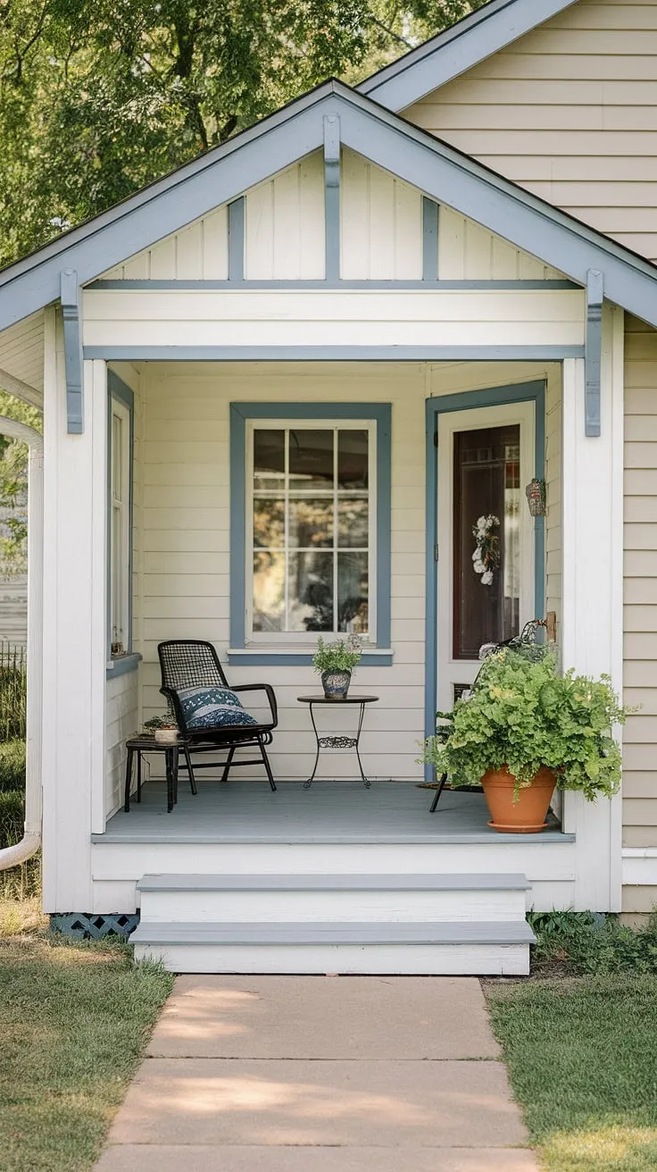 This quaint cottage style front porch, nestled on a beige ranch-style house, offers a delightful blend of small front porch on ranch style house and unique porch ideas.  The white porch with blue trim, a few chairs, and a potted plant exemplify small front yard porch ideas and tiny front porch ideas.  Consider this inspiration for your own small front door patio ideas and open front porch ideas, along with some charming doorway decor outdoor.