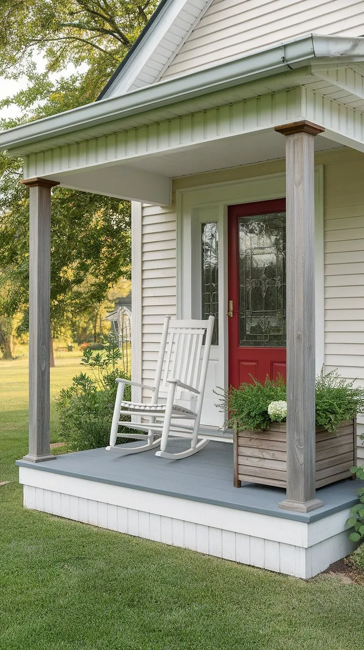 Step onto this charming entrance porch, a perfect example of small front yard porch ideas and tiny front porch ideas for a ranch-style home.  The white paint and wooden columns create a cottage style front porch, while the red door and greenery offer unique porch ideas and doorway decor outdoor. This small front porch on ranch style house showcases open front porch ideas and small front door patio ideas, brimming with cottage porch decorating ideas.
