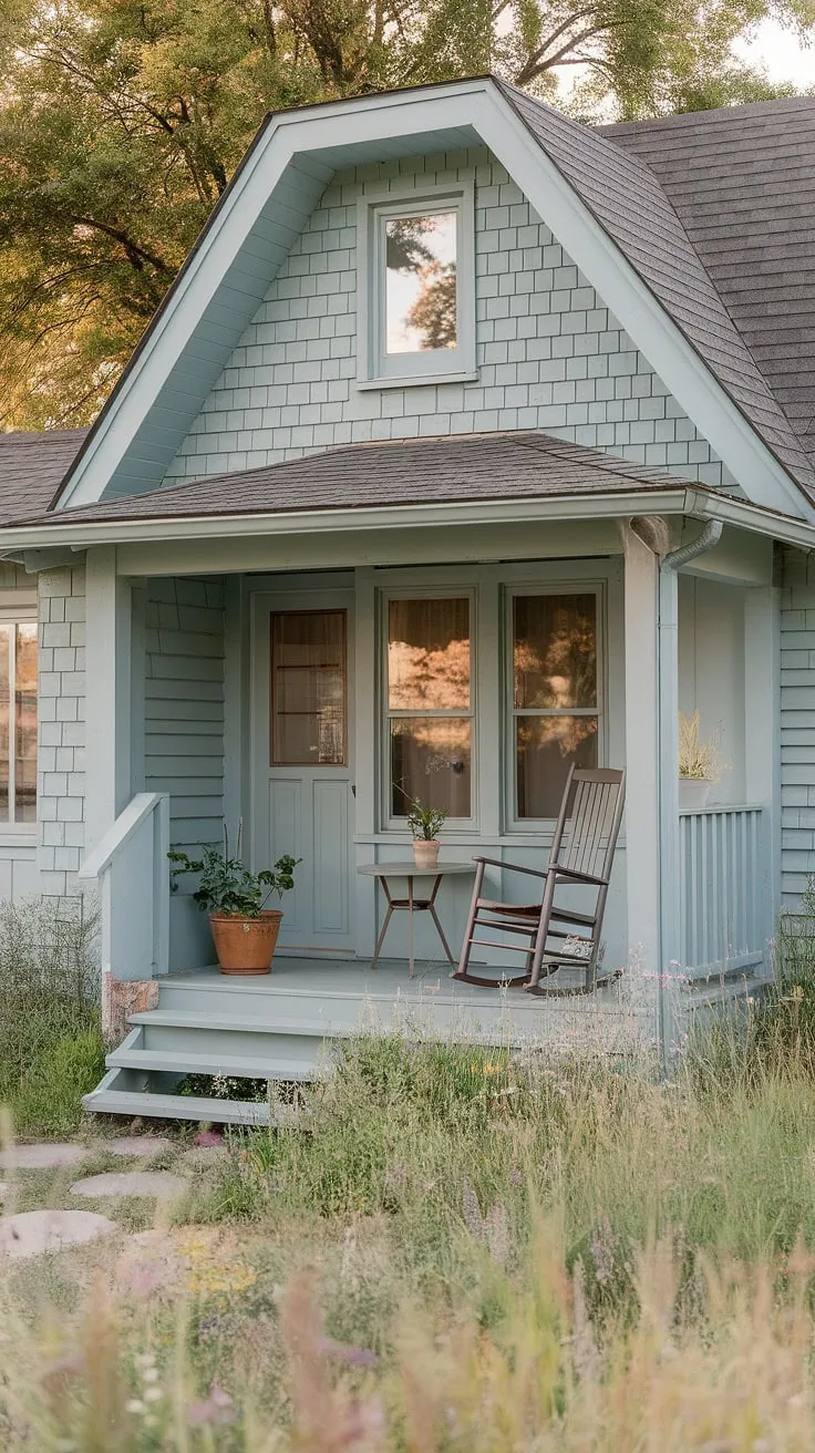 Step into serenity. This small front porch on a ranch style house, painted a soft blue, offers the perfect blend of cottage style front porch ideas and unique porch ideas.  The entrance porch, brimming with wildflowers, showcases clever small front yard porch ideas and tiny front porch ideas, proving that even a small space can be a haven.  Cottage porch decorating ideas are effortlessly achieved with a rocking chair, small table, and potted plant, while doorway decor outdoor adds the finishing touch.  Open front porch ideas are beautifully realized in this charming setting.