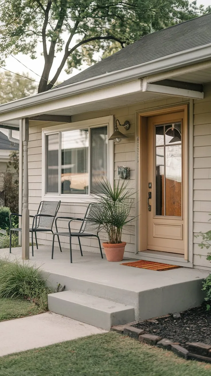 Step onto this inviting entrance porch and discover a world of small front door patio ideas and cottage porch decorating ideas. This small front porch on a ranch style house is a testament to how much charm can be packed into a tiny space.  The simple design, featuring thoughtful doorway decor outdoor and a few comfortable chairs, offers inspiration for anyone seeking unique porch ideas or open front porch ideas for their own home.