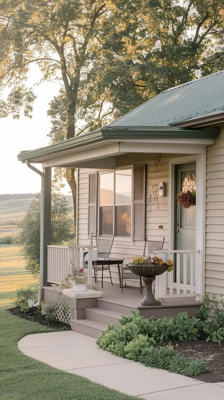 This small front porch on a ranch style house is brimming with inspiration for small front yard porch ideas and cottage style front porch ideas.  The simple elegance of this tiny front porch design, featuring an inviting open front porch and thoughtful doorway decor outdoor, proves that even limited space can be maximized for comfort and style.  Discover unique porch ideas and create your own peaceful haven.