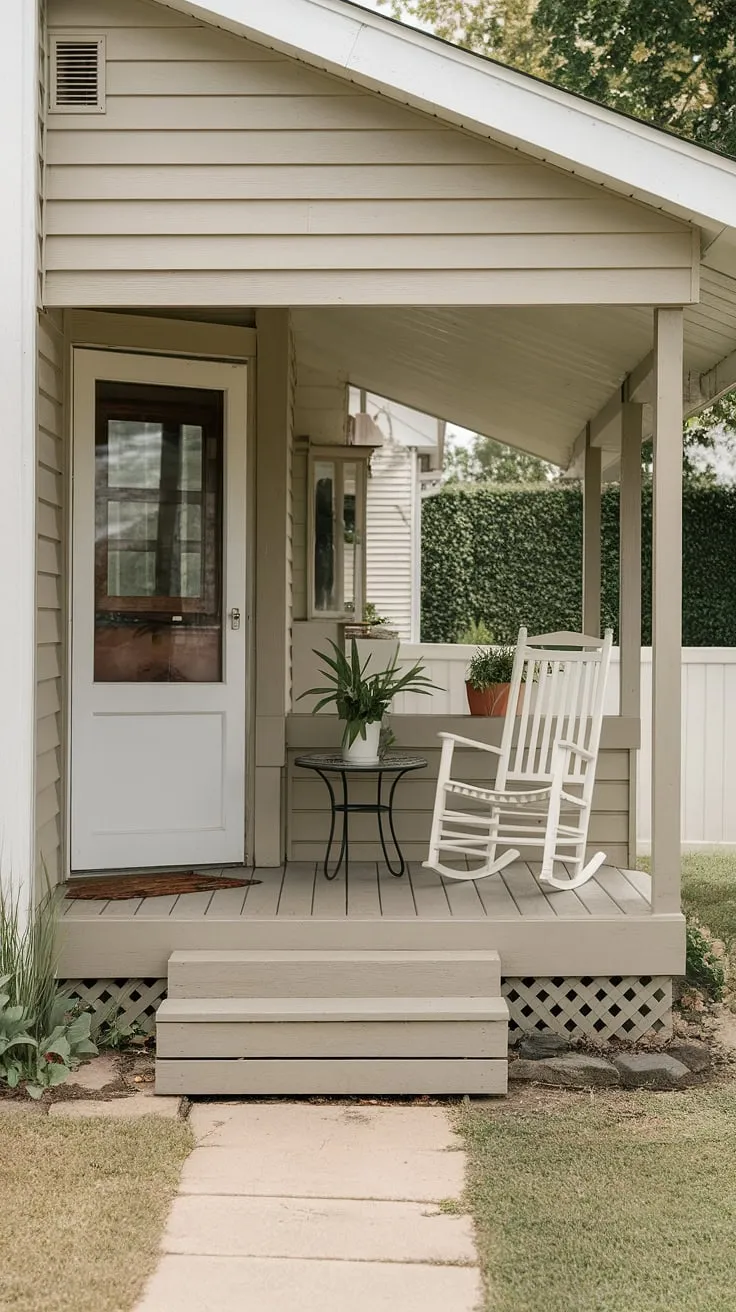 Step onto this charming entrance porch, a perfect example of small front yard porch ideas and tiny front porch ideas for a ranch-style house.  The cottage porch decorating ideas, including the white rocking chair and potted plant, create a welcoming atmosphere. This small front porch on ranch style house showcases unique porch ideas and open front porch ideas, while the doorway decor outdoor adds a touch of cottage style front porch ideas.  Consider this inspiration for your own small front door patio ideas.
