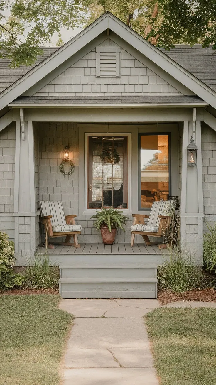 This small front porch on a ranch style house showcases the best of cottage style front porch ideas.  With clever small front yard porch ideas and tiny front porch ideas, this space feels inviting and spacious.  The open front porch design maximizes the limited area, while the unique porch ideas, like the potted plant and lantern, add personality.  The doorway decor outdoor completes the charming entrance.