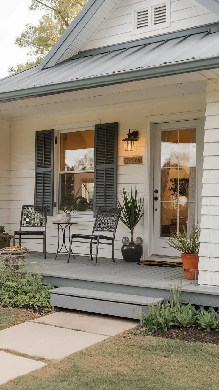 This small front porch on a ranch-style house perfectly embodies cozy rustic charm.  The entrance porch, with its simple wooden floor and inviting seating, offers a tranquil spot to enjoy the well-maintained small front yard.  It's a testament to how even tiny front porch ideas can create a big impact, showcasing unique porch ideas and cottage porch decorating ideas alike.  Consider this inspiration for your own small front door patio ideas or open front porch ideas.  The doorway decor outdoor adds the perfect finishing touch.