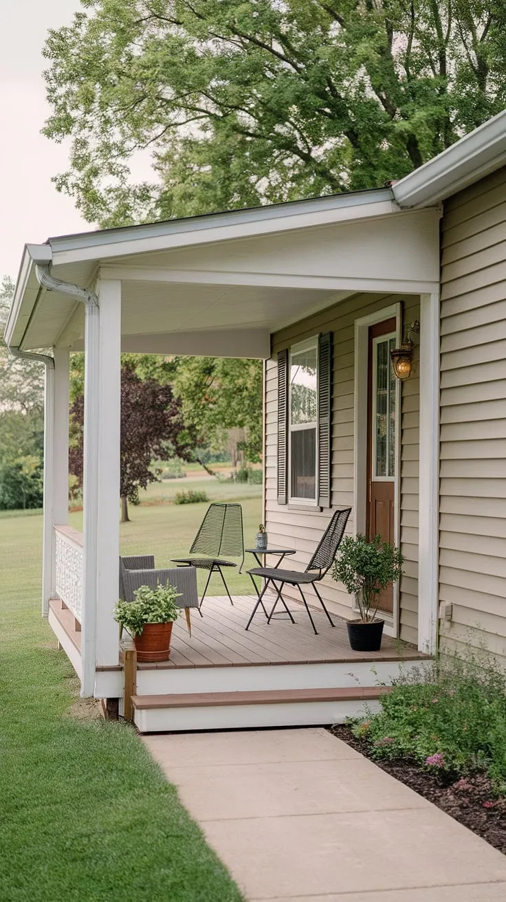 This small front porch on a ranch style house is a testament to the beauty of simplicity.  With its white paint and wooden floor, it embodies cottage style front porch ideas and offers inspiration for small front yard porch ideas and tiny front porch ideas.  The carefully chosen doorway decor outdoor and potted plant add a touch of elegance to this inviting open front porch, making it the perfect spot to relax and enjoy the lush green lawn.