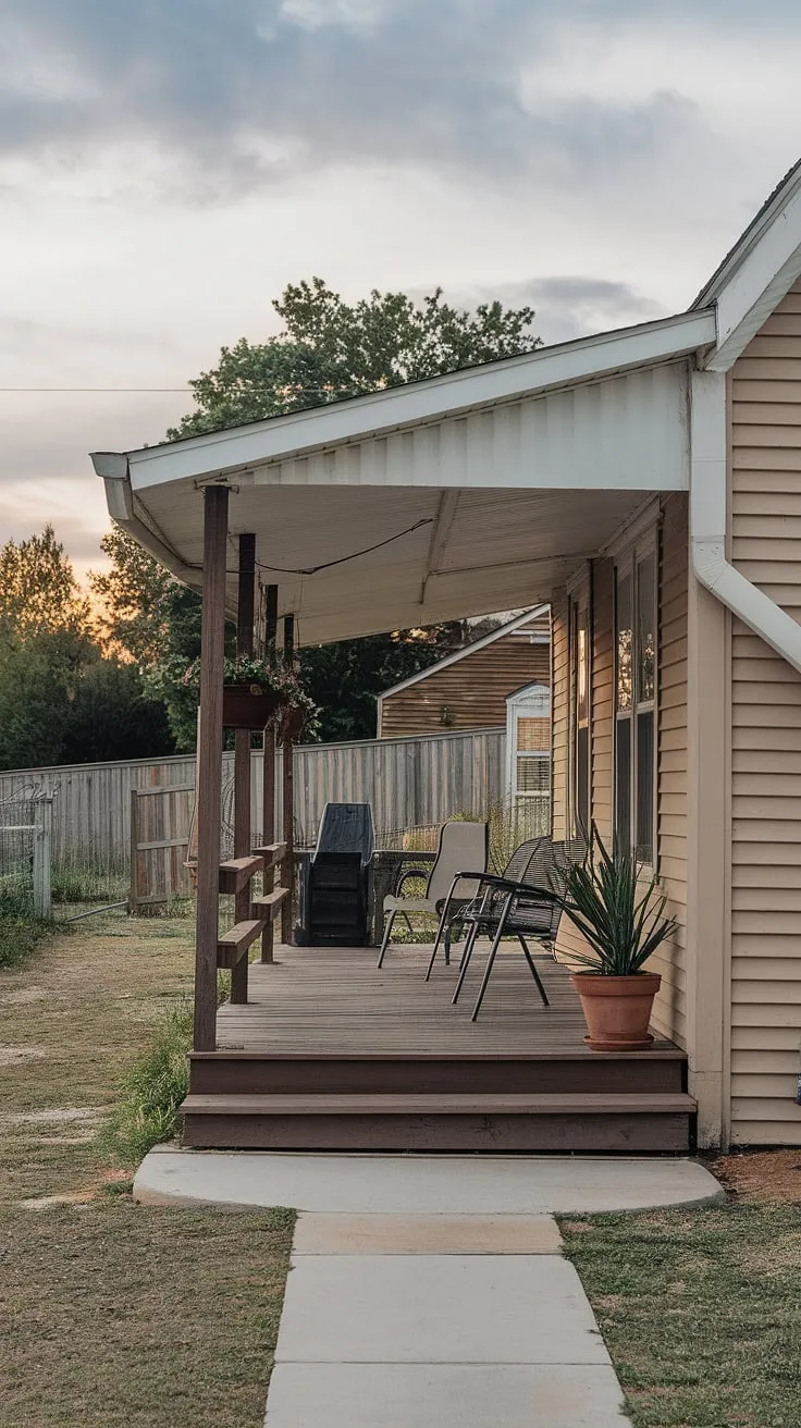 This quaint small front porch on ranch style house offers a wealth of inspiration for tiny front porch ideas and small front door patio ideas.  Notice the thoughtful cottage porch decorating ideas and unique porch ideas, creating a cozy and inviting entrance porch.  The simple design makes it a perfect example of small front yard porch ideas and open front porch ideas, with charming doorway decor outdoor completing the look.