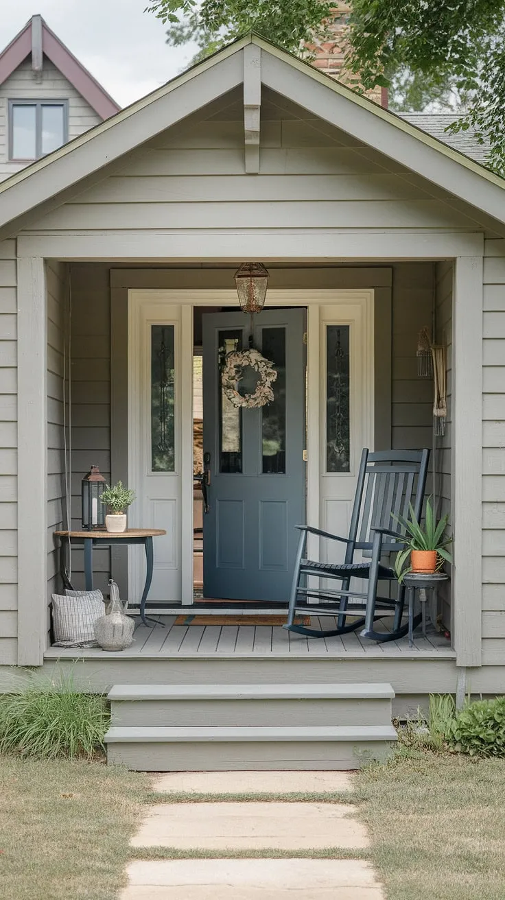 This small front porch on a ranch style house offers a delightful escape.  With clever tiny front porch ideas and open front porch ideas, this space maximizes charm.  The cottage style front porch ideas are evident in the carefully chosen furniture and potted plant, all set against the backdrop of a unique house architecture.  Explore these small front yard porch ideas for inspiration in creating your own welcoming retreat.
