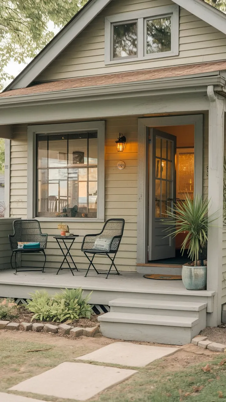 This small front porch on a ranch style house is a testament to the beauty of simplicity.  Discover inspiring small front yard porch ideas and tiny front porch ideas in this delightful cottage style setting.  The open front porch ideas create a seamless transition between indoors and out, while the unique porch ideas, including the doorway decor outdoor, add personality and charm.  Perfect for those seeking cottage style front porch ideas, this space offers a warm welcome and a touch of rustic elegance.