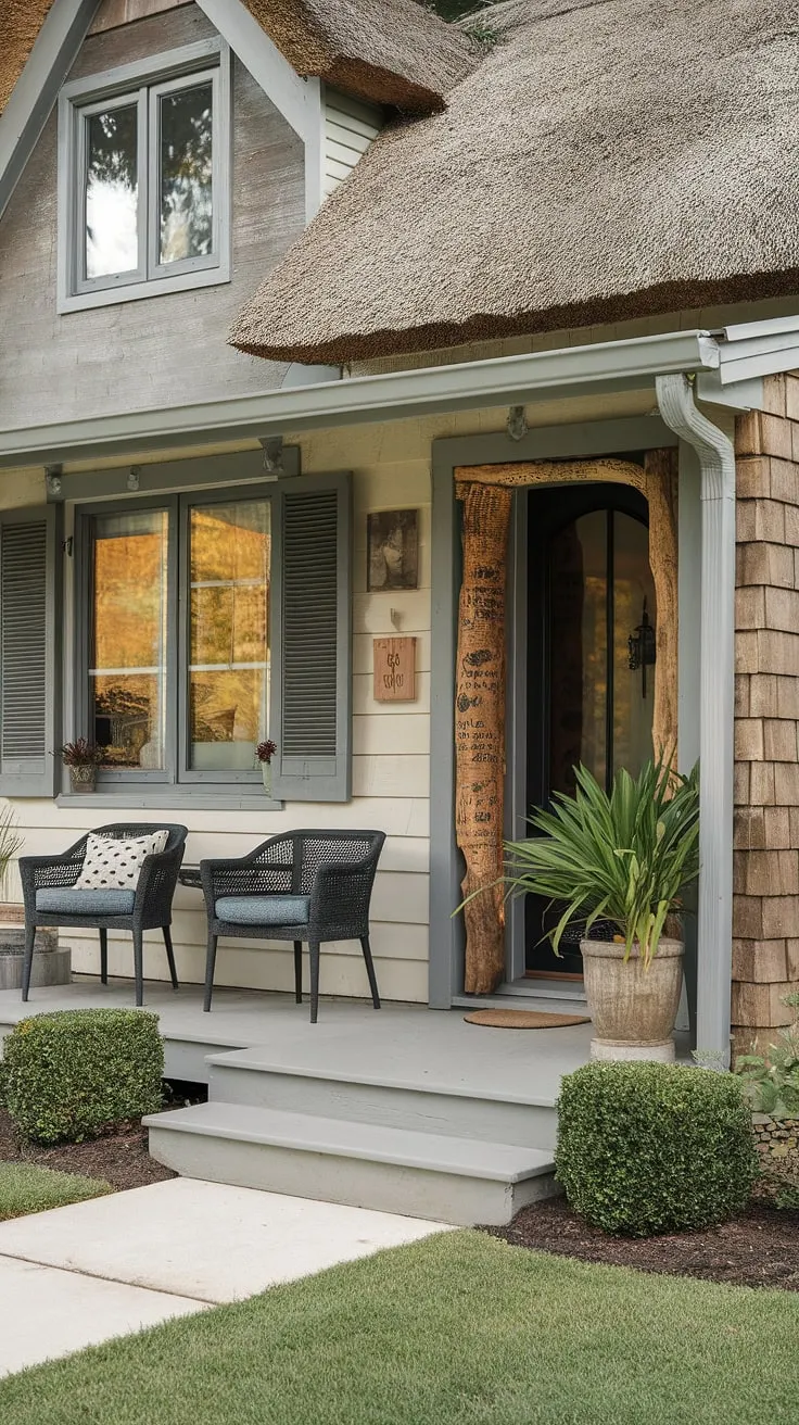 Step into tranquility on this charming entrance porch, a perfect blend of ranch-style simplicity and cottage-style charm.  Small front yard porch ideas come alive with this unique design, showcasing clever small front door patio ideas and tiny front porch ideas. The doorway decor outdoor adds a touch of whimsy, while the well-manicured yard completes the idyllic picture. This small front porch on ranch style house offers a delightful space for relaxation, embodying the best of cottage porch decorating ideas and unique porch ideas. The open front porch ideas are perfectly executed, creating a welcoming atmosphere.