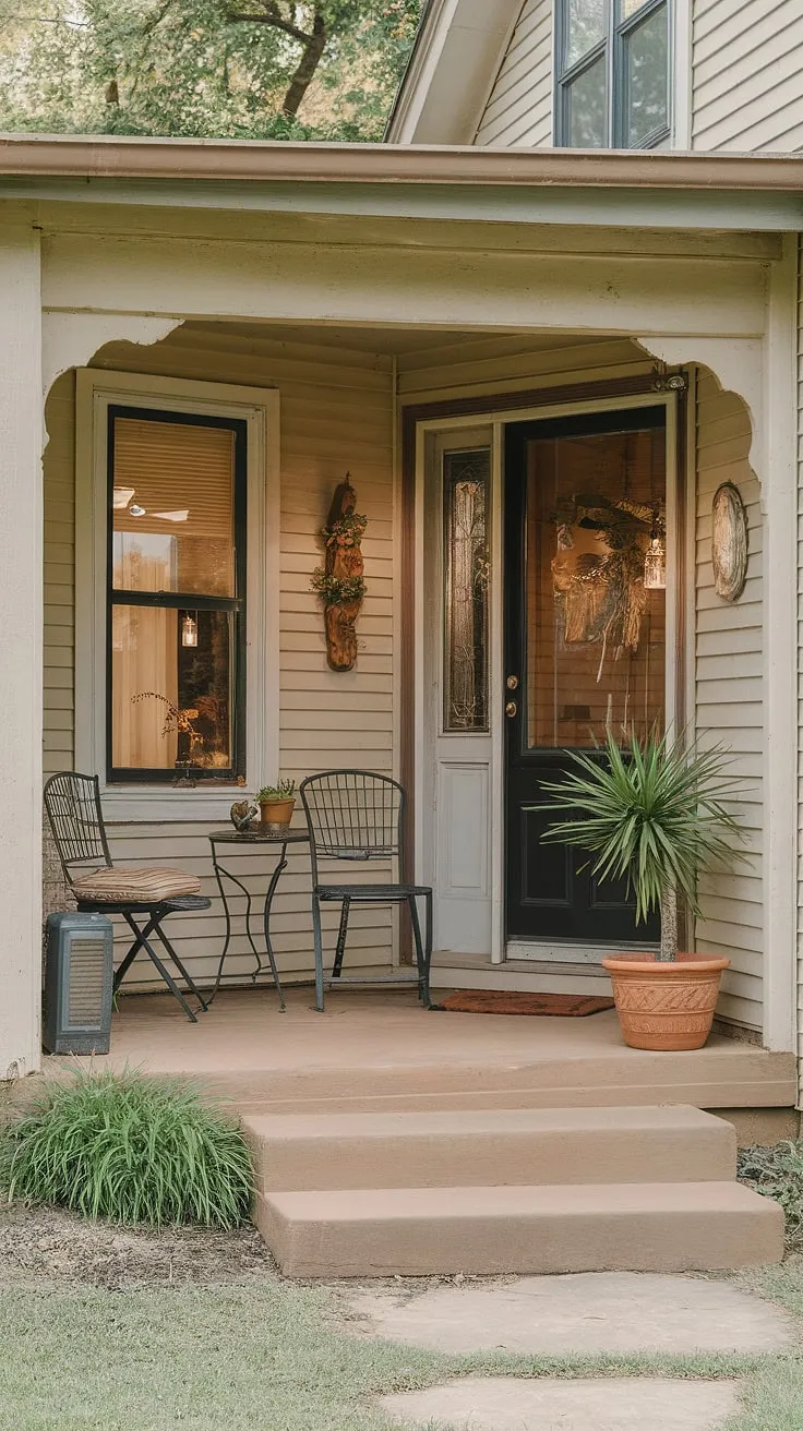 Step onto this charming entrance porch, a perfect blend of cottage porch decorating ideas and unique porch ideas for a small front porch on a ranch style house.  The small front yard porch ideas and small front door patio ideas showcased here prove that even a tiny front porch can be a welcoming haven.  Open front porch ideas are brought to life with simple doorway decor outdoor and thoughtful touches.