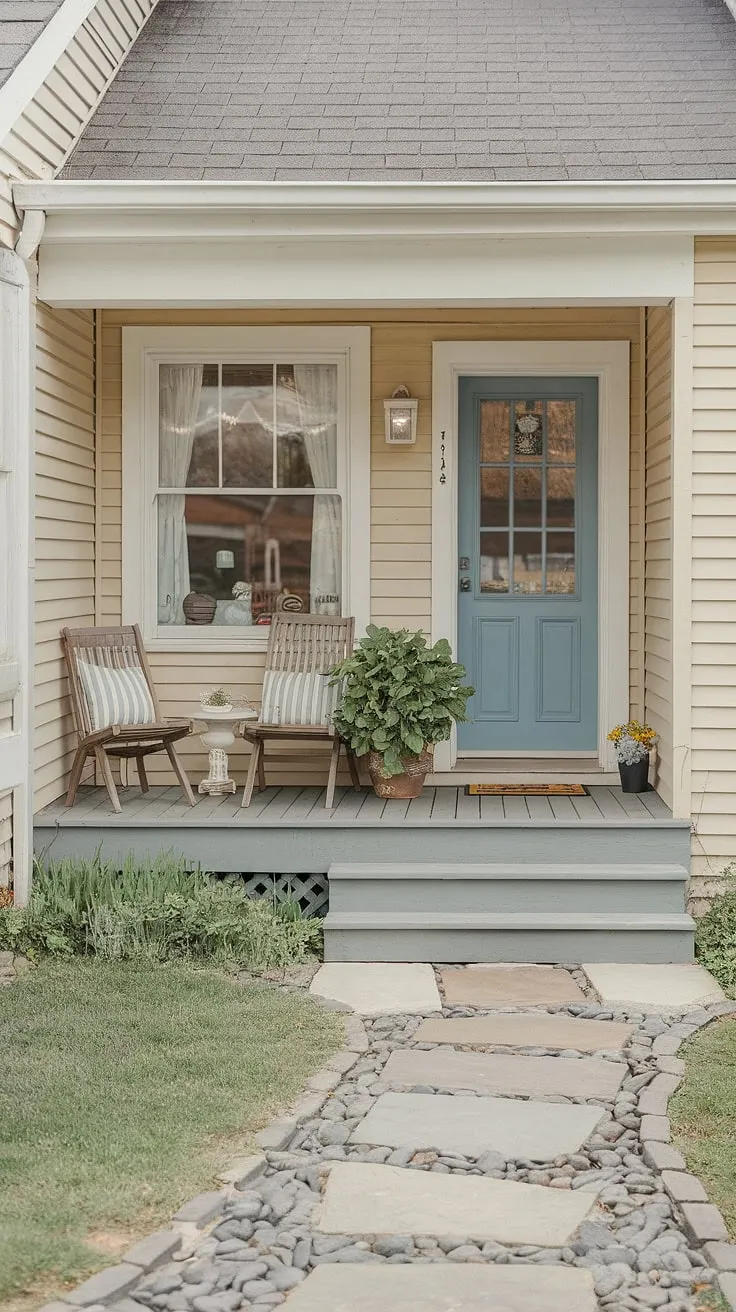 Escape to tranquility on this inviting open front porch.  This small front porch on ranch style house boasts cottage porch decorating ideas that maximize space and charm.  Find inspiration for your own small front yard porch ideas with this unique example of cottage style front porch ideas, complete with thoughtful doorway decor outdoor.