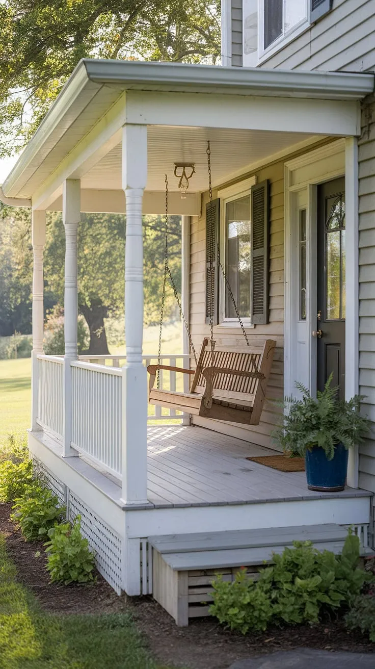 This small front yard porch, showcasing cottage style front porch ideas, transforms a simple ranch house entrance into a cozy retreat.  Find inspiration for your own tiny front porch ideas with this delightful space, featuring unique porch ideas like the wooden swing and thoughtful doorway decor outdoor.  Perfect for small front door patio ideas, this open front porch design maximizes charm and comfort.
