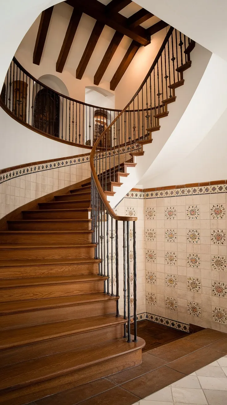 This Spanish villa staircase, a stunning feature in this apartment, invites you to ascend into a world of elegance and history. The curved wooden steps and high-beamed ceiling create an unforgettable entrance.