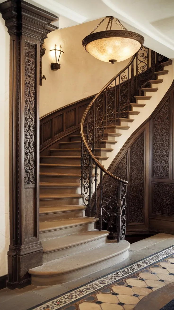 This Spanish home staircase, a showstopper in this apartment, invites you to ascend to elegance. The ornate wood paneling and patterned tile floor complement the beauty of this entrance staircase, a true testament to Spanish villa architecture.