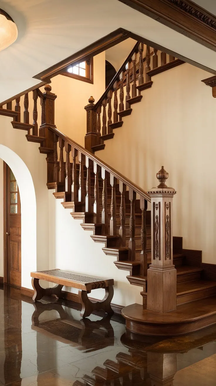 Step into elegance. This entrance staircase in a Spanish home, a true Spanish villa staircase, is a masterpiece of craftsmanship. The stairs in this apartment are more than just a passage; they're a statement.