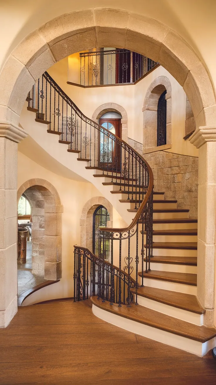 Step into Spanish home luxury with this breathtaking entrance staircase. The stone walls and arched doorways frame this stunning spanish villa staircase, a true showpiece in any apartment.