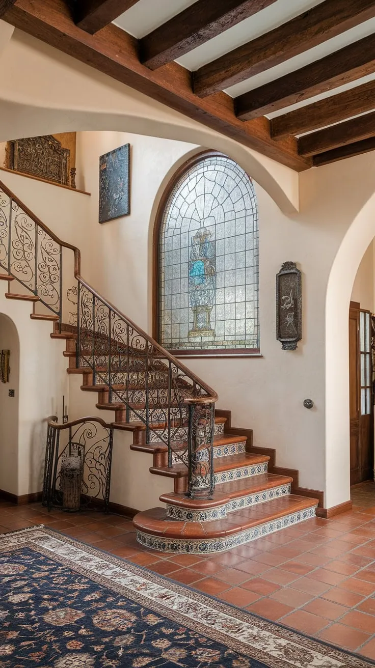 Step into paradise: This Spanish villa staircase, a breathtaking entrance staircase, welcomes you to a world of elegance. The ornate iron railings and stained-glass window create a truly unforgettable entrance to this stunning home. Even the stairs in apartment buildings can't compare to this Spanish home staircase.