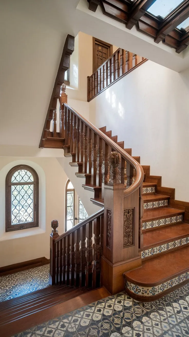 This entrance staircase, a breathtaking element in this Spanish home, leads to a second floor bathed in natural light. The detailed carvings and tiled floor are hallmarks of this beautiful stairs in apartment, reminiscent of a Spanish villa staircase.