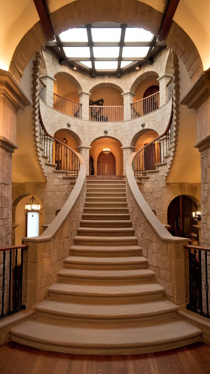 A breathtaking entrance staircase, winding its way up through this Spanish home staircase, a true testament to the grandeur of a Spanish villa staircase. The light from above illuminates the elegant stairs in apartment, creating a warm and inviting atmosphere.