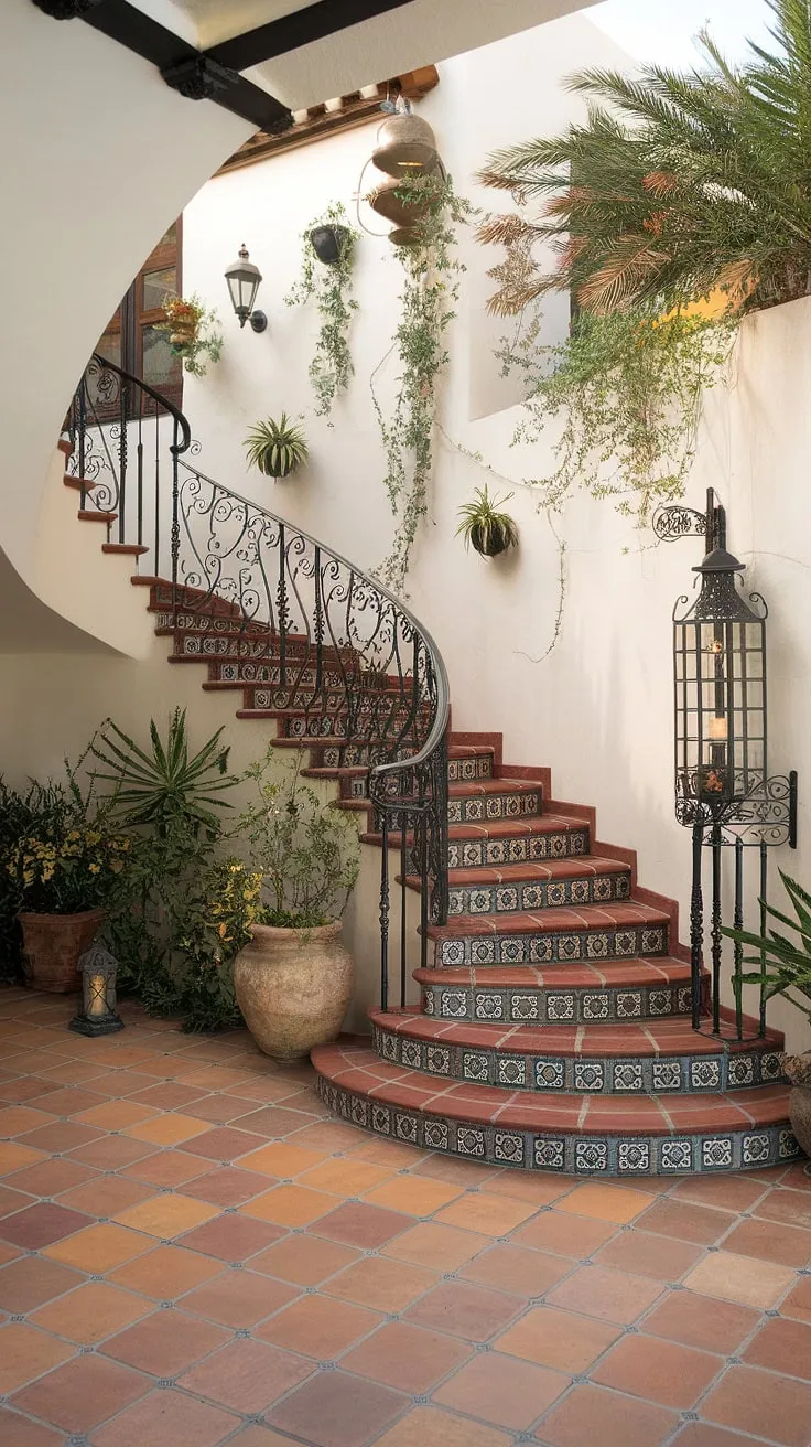 Step into a world of Spanish charm. This grand entrance staircase, a masterpiece of wrought iron and tile, welcomes you to a home where elegance meets history.  The intricate details of this Spanish home staircase, reminiscent of a Spanish villa staircase, are truly breathtaking. Even the stairs in this apartment feel palatial.