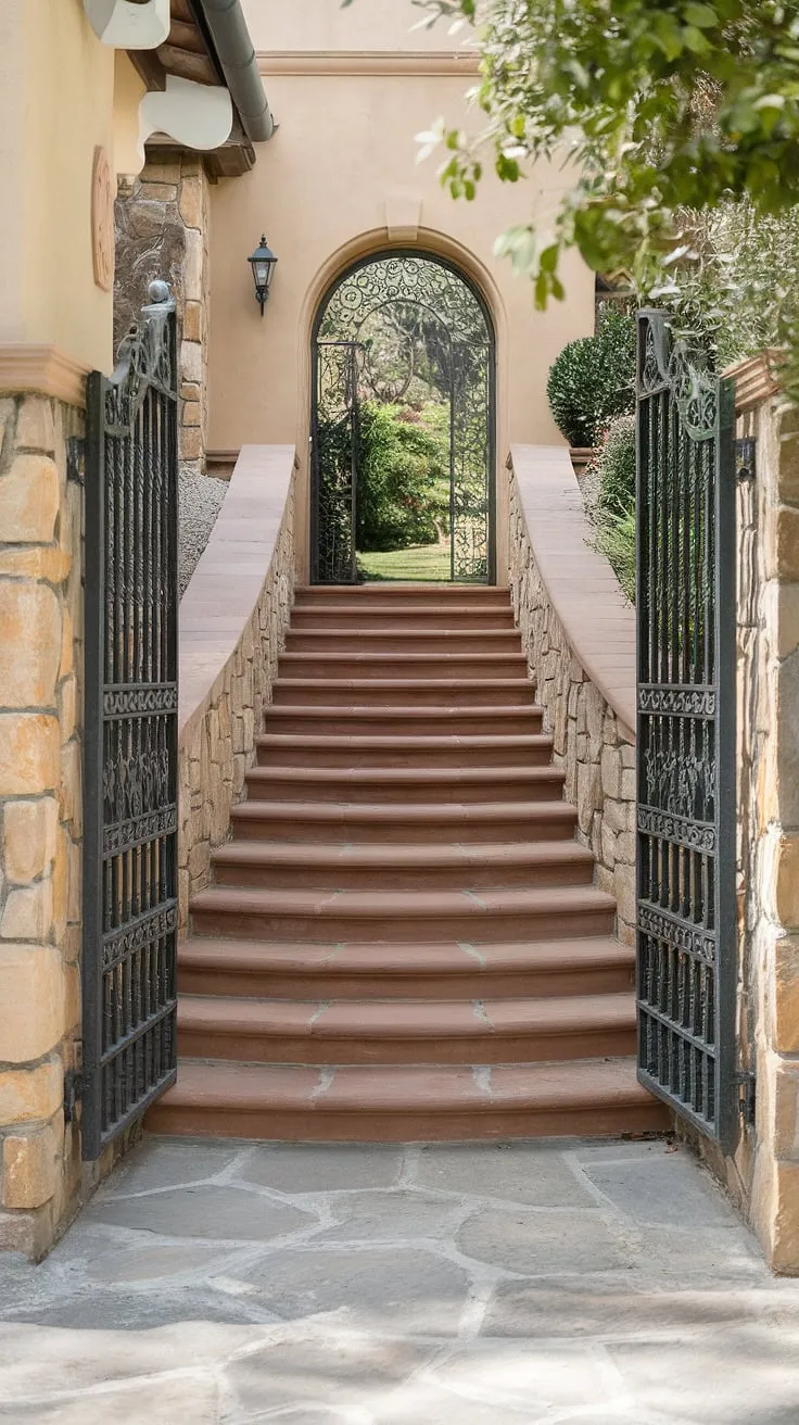 The Spanish villa staircase beckons, its stone steps winding upwards towards the ornate wrought-iron gate. This entrance staircase, a stunning feature of the Spanish home, promises a glimpse into a life of luxury and tranquility, framed by the lush greenery of the surrounding garden.  The detail in this Spanish villa staircase is unparalleled, even surpassing many stairs in apartment buildings.