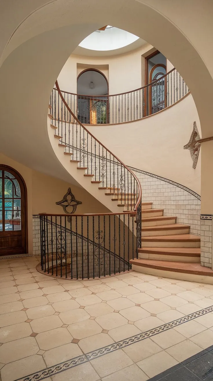 A graceful entrance staircase, characteristic of a Spanish villa, winds its way upwards. The wrought-iron railing complements the cream ceramic tile flooring and walls, creating a stunning visual within this Spanish home staircase. The high ceiling and skylight add to the grandeur of this stairs in apartment.