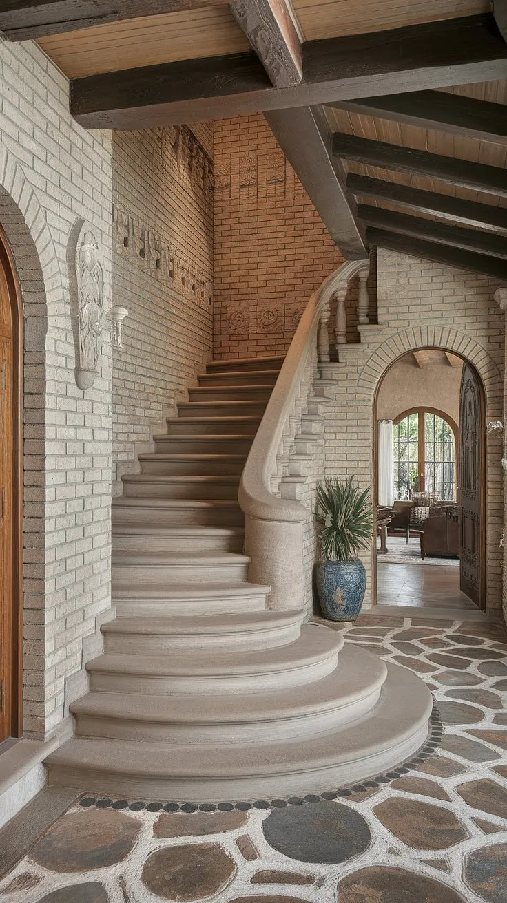 Step into Spanish charm with this breathtaking entrance staircase. The ornate details and rich textures of this Spanish home staircase, even within the apartment setting, create an unforgettable first impression.