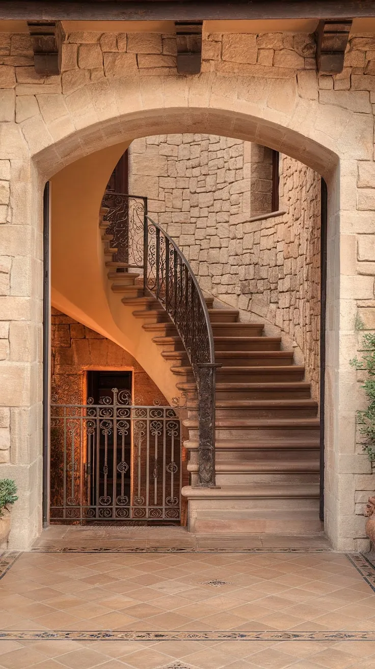 Warm terracotta tiles welcome you to this Spanish villa, the entrance staircase a dramatic display of ornate ironwork and sturdy stone. The Spanish home staircase, a true statement piece, leads to the heart of this beautiful residence. This Spanish villa staircase is more than just stairs in an apartment; it's a grand entrance to a life well-lived.