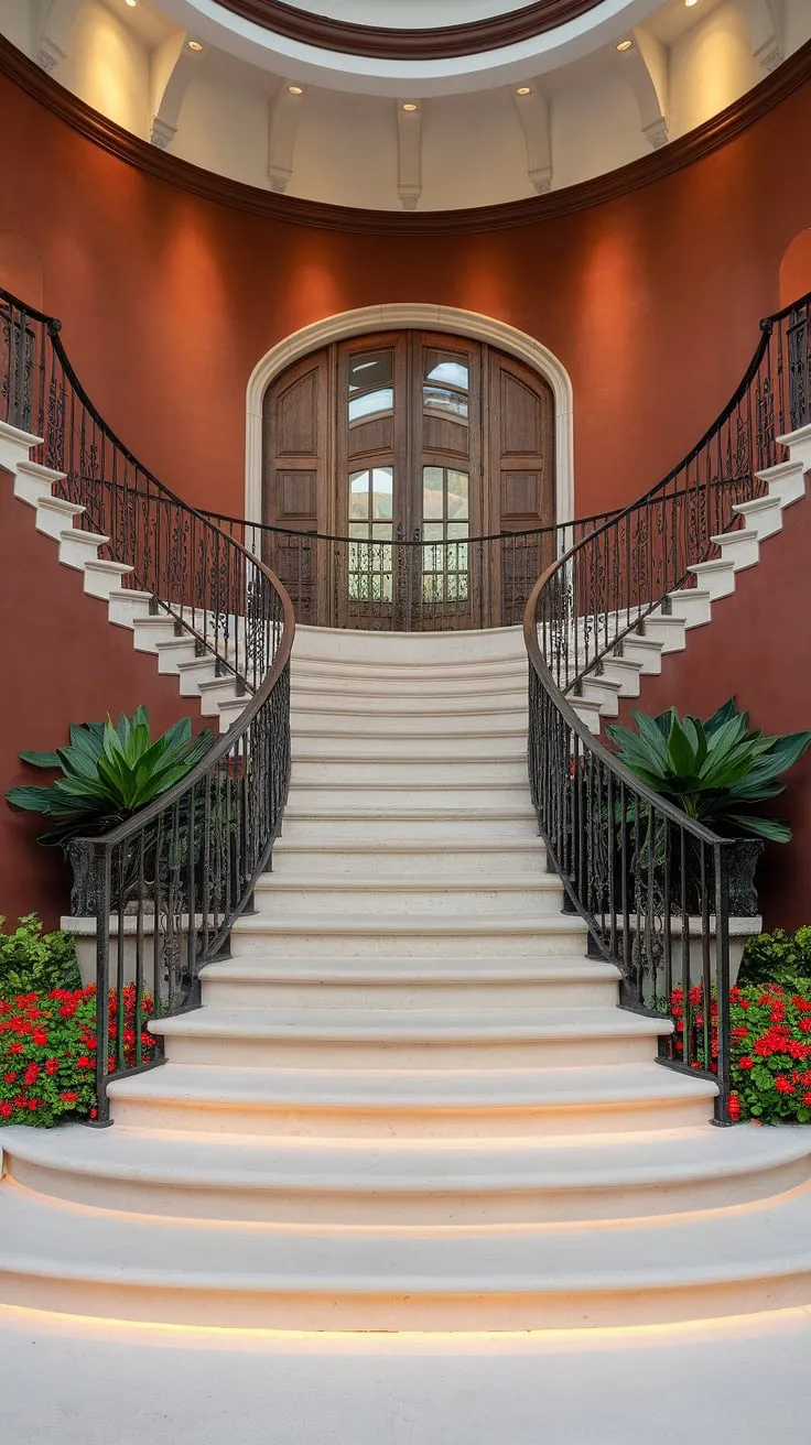This Spanish home staircase, with its elegant wrought iron railing and dramatic lighting, is more than just stairs; it's a statement. The Spanish villa staircase's design perfectly complements the rich orange walls, creating an unforgettable entrance to this apartment.