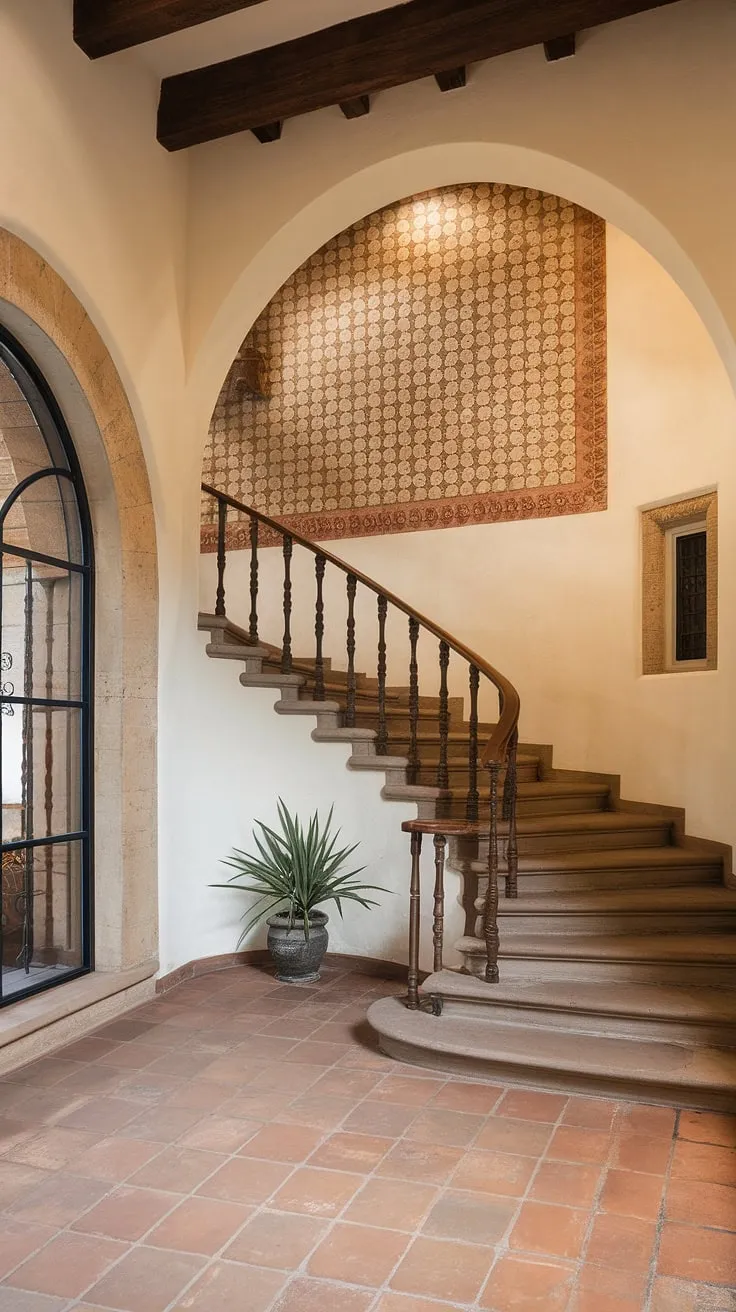 This Spanish villa staircase, a breathtaking example of Spanish home staircase design, leads to the heart of this inviting apartment. The entrance staircase is more than just a passageway; it's a statement of timeless beauty.