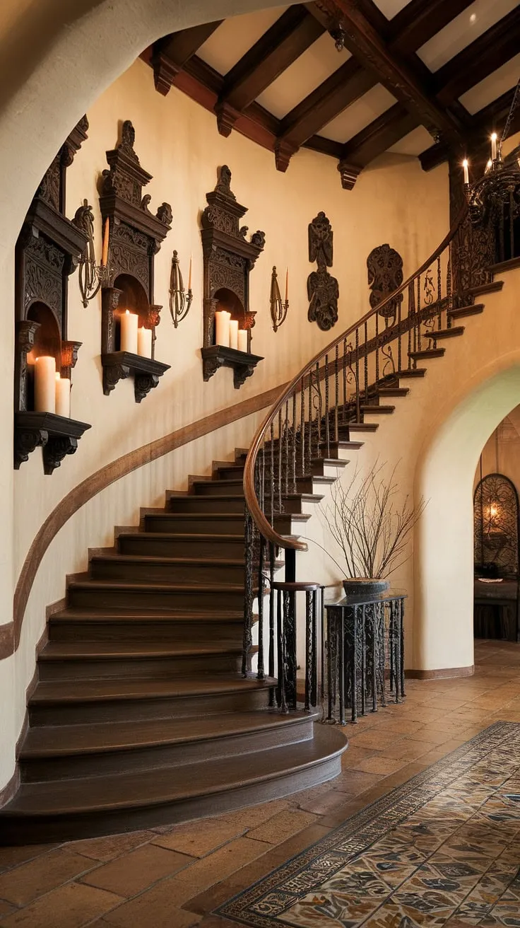 The entrance staircase of this Spanish home, a breathtaking example of Spanish villa staircase design, winds gracefully to the upper floors. Intricate wood carvings adorn the walls, complemented by flickering candlelight and patterned tile flooring, creating a warm and inviting ambiance within this stunning apartment.