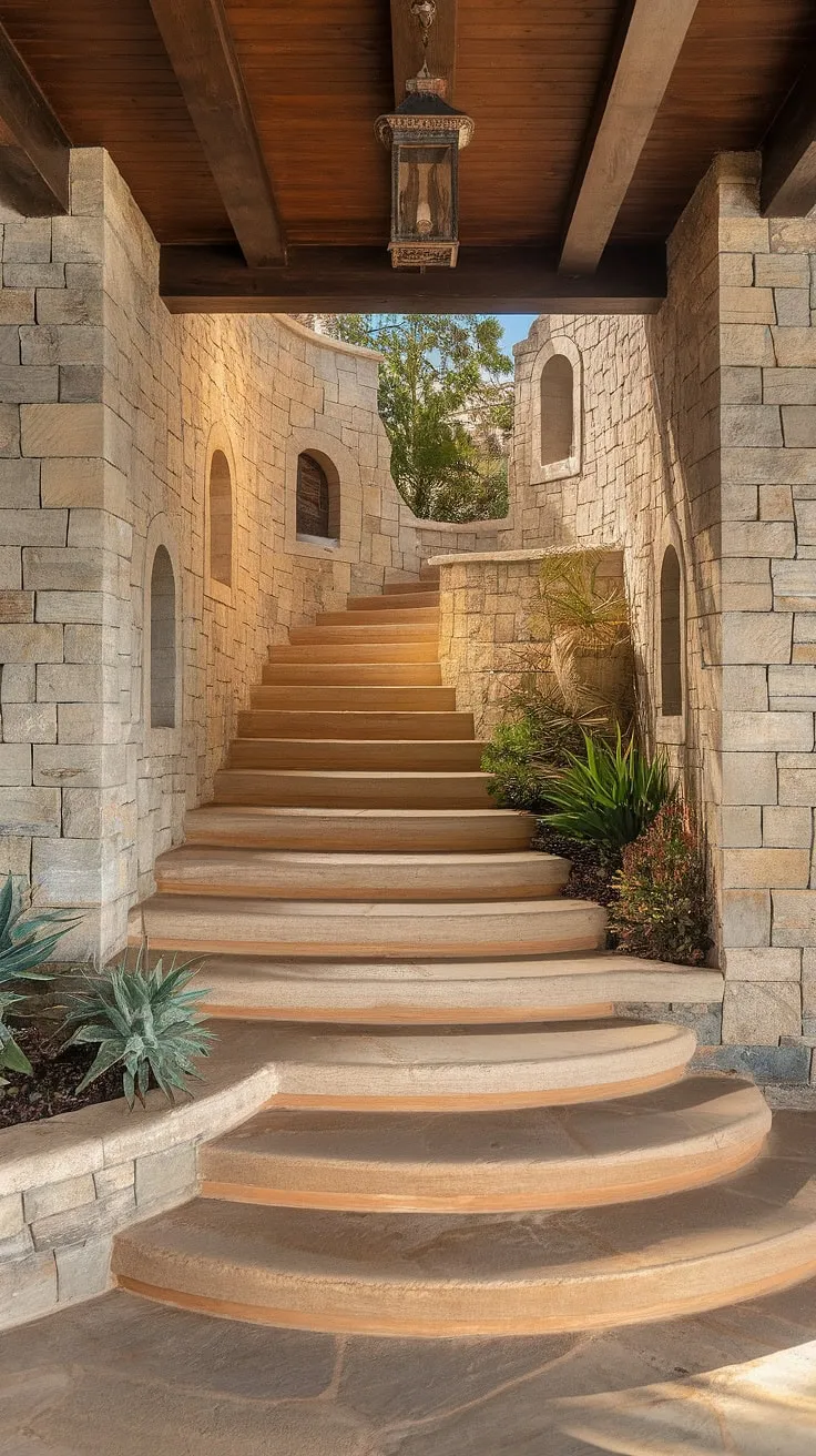 Sunlight streams onto the uneven stone steps of this captivating entrance staircase, a testament to the unique charm of a Spanish villa. This Spanish home staircase, with its multiple turns, feels less like stairs in an apartment and more like a journey into history.