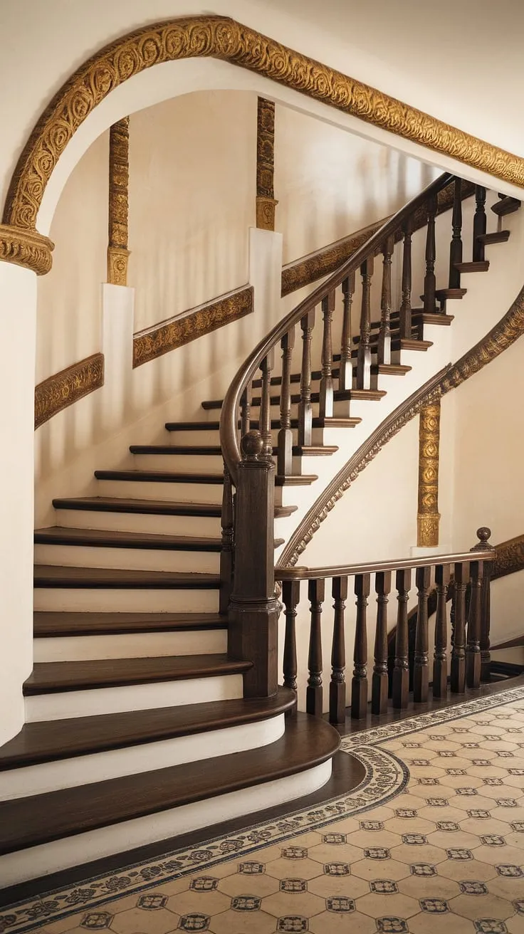 The elegant entrance staircase of this Spanish villa, a true testament to traditional design, sweeps gracefully upwards. Dark wood railings contrast beautifully with the crisp white steps, all set against a backdrop of ornate gold detailing and patterned tile flooring. This Spanish home staircase, also a stunning feature within the apartment, is a captivating blend of history and artistry.