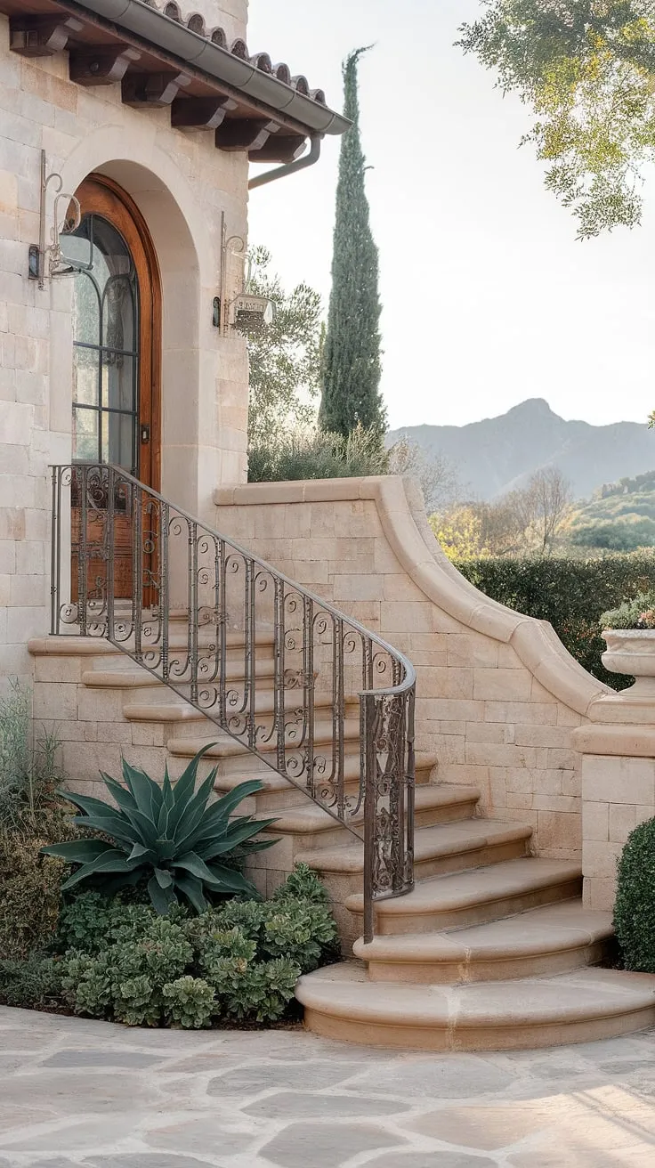Ascend the elegant Spanish villa staircase, a breathtaking entrance staircase that whispers tales of old-world charm. The intricate iron railings and stonework of this Spanish home staircase create a captivating scene, perfectly complementing the picturesque landscape visible from the stairs in apartment.  A true testament to timeless beauty.