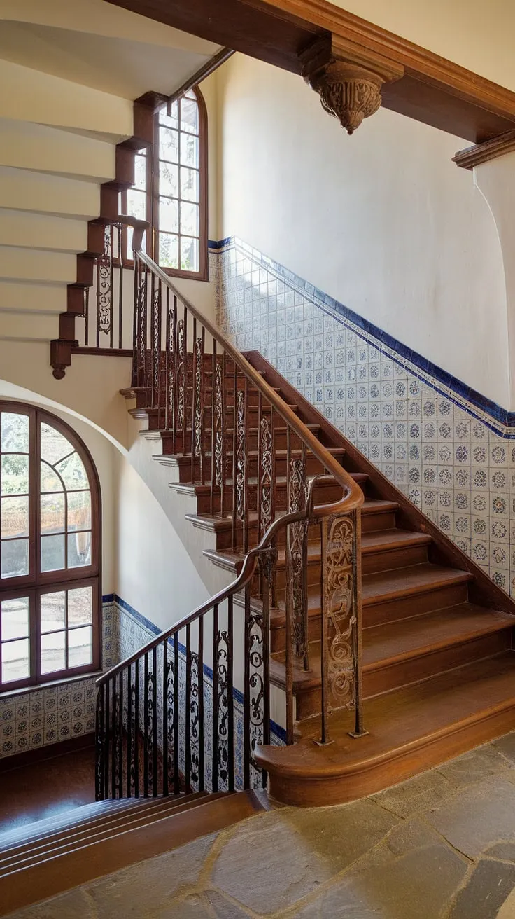 The entrance staircase of this Spanish home, a masterpiece of wrought iron and rich wood, winds gracefully upwards. Decorative tiles adorn the walls, complementing the stone floor below, while the glimpse of a sunlit room at the top hints at the beauty awaiting within. This Spanish villa staircase is a stunning example of architectural detail, a true highlight of this apartment's design.