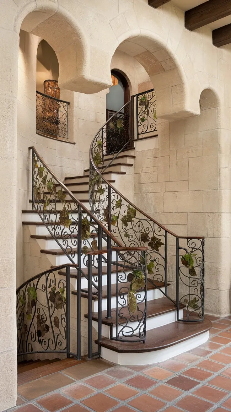 Ascending the entrance staircase of this Spanish villa, one is immediately captivated by the intricate ironwork of the railing, a beautiful detail that speaks to the craftsmanship of the Spanish home staircase. The warm terracotta tiles underfoot and the rustic stone walls create a welcoming atmosphere within this apartment's unique entrance. The stairs in apartment are far from ordinary.