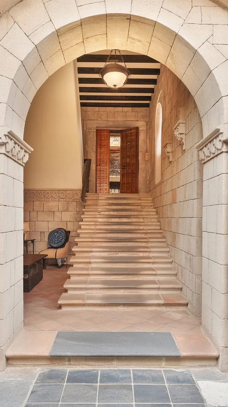 The entrance staircase of this Spanish home, a beautiful example of Spanish villa staircase design, welcomes you with its aged stone steps and intricate wall carvings. The few steps leading to the heavy wooden door hint at the treasures held within, while the stone flooring and simple light fixture above complete the elegant, understated ambiance. This stairs in apartment style entrance is a perfect blend of rustic charm and refined taste.