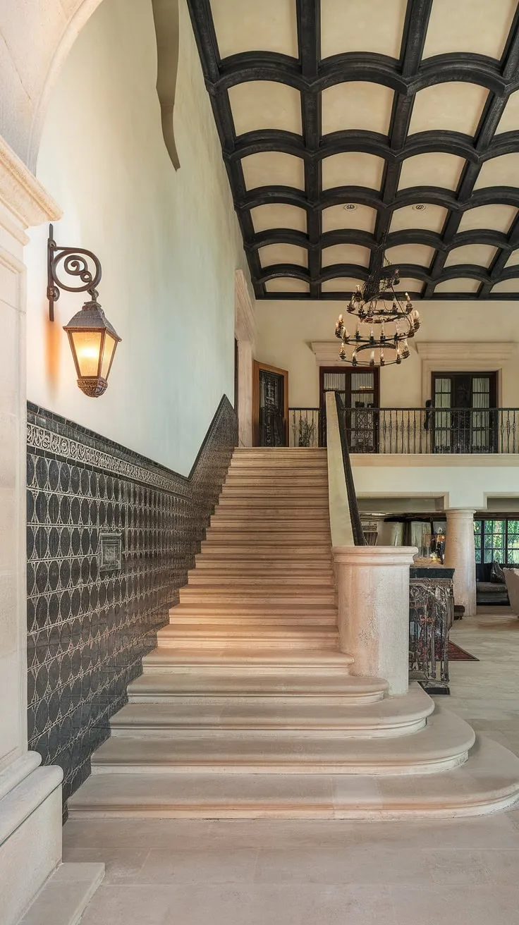 The grand entrance staircase of this Spanish villa, a masterpiece of stonework, welcomes you into a world of elegance. Intricate dark tiles and a softly glowing lamp adorn the wall beside the stairs, leading to a spacious living area with a magnificent chandelier overhead. This Spanish home staircase, a stunning example of architectural detail, is truly the heart of this apartment.