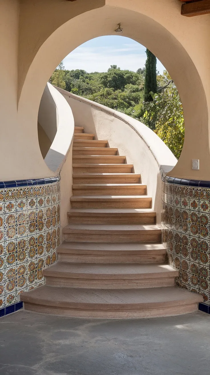 The allure of this Spanish villa staircase is undeniable.  Its elegant curve, crafted from stone and adorned with dazzling tiles, makes a breathtaking entrance staircase.  This Spanish home staircase, a true testament to architectural artistry, invites you to explore the wonders that await within, a perfect blend of luxury and nature.  The stairs in this apartment are more than just a way to access the home; they are a work of art.